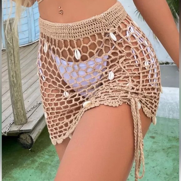 SHEIN Puka Shell Tan Crochet Bikini w Matching Drawstring Sarong Skirt. Size M L - Picture 5 of 16